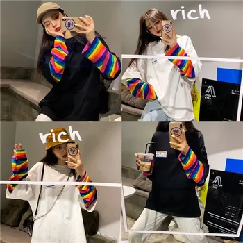 Dlhý Rukáv Košele Ženy Rainbow Prekladané Patch Vzory Dlho-kórejský štýl Voľný čas Hip-hop Módy Žena T-shirt Teens Preppy Nové