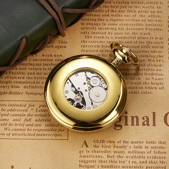 Luxusné Zlaté Módne Ručné Navíjanie Mechanické Mužov Vreckové hodinky Priehľadný Zadný kryt Kostra Bežné Mužské Fob Reťazca Sledovať Dary