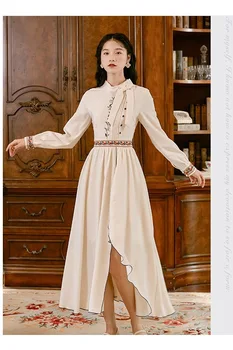 YAMDI boho šaty elegantné ženy vintage jar leto 2020 voľné a-line vysoká kvalita výšivky dlhý rukáv split maxi dess vesti
