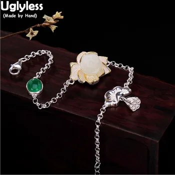 Uglyless Reálne 925 Sterling Silver Ručné Lotus Náramky pre Ženy Prírody Jade Kvetinové Kúzlo Náramok Bijoux Jemné Šperky