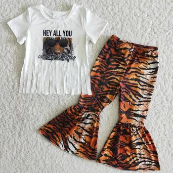 Veľkoobchod Baby Girl Boutique Oblečenie Biele Krátky Rukáv Tiger Strapec Tričko Leopard Bell dnom Nohavice Deti Sady Deti Oblečenie