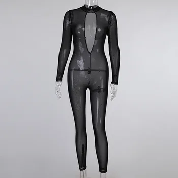 BOOFEENAA Sexy Jumpsuit Clubwear Narodeniny Oblečenie pre Ženy Black Nahé Oka Transparentné Otvorte Zadný Dlhý Rukáv Romper C66-CC16