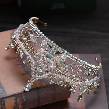 Ručné Vintage Obrovský Luxus Crystal Perličiek Princezná, Kráľovná Diadem Svadobné Vlasové Dekorácie Veľké Zlaté Tiara Korunka Pre Nevesty Svadobné