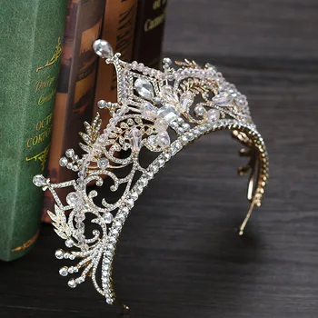 Ručné Vintage Obrovský Luxus Crystal Perličiek Princezná, Kráľovná Diadem Svadobné Vlasové Dekorácie Veľké Zlaté Tiara Korunka Pre Nevesty Svadobné