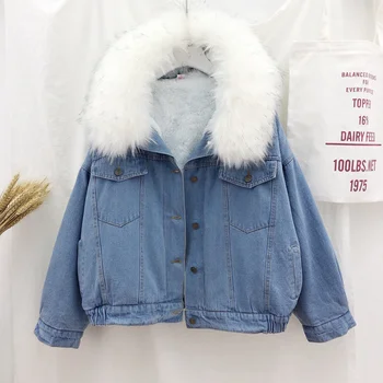 2019 velvet hrubý denim jacket žena zime veľké umelú kožušinu golier Kórea denim kabát študentka, krátka srsť