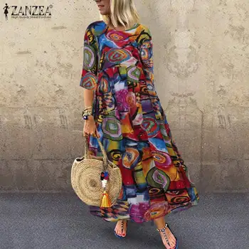 2021 Jeseň Letné Šaty Žien Vintage Vestidos ZANZEA 2021 Skladaný Vytlačené Dlho Maxi Šaty, Tuniky Plus Veľkosť Femme 3/4 Rukáv