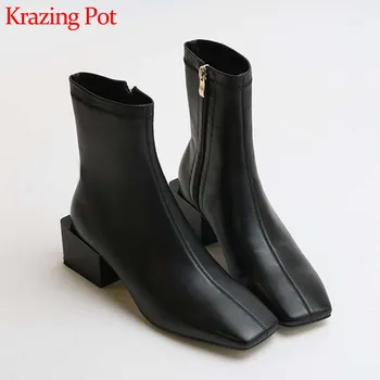Krazing Hrniec základné štvorcové prst originálne pevné topánky denne nosiť vysoké podpätky strane zips ženy zimné móda ženy členková obuv L26