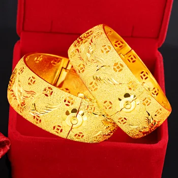 999 Žlté Zlato Dragon Phoenix Dvojité Šťastie Náramok Pre Ženy Mosadz Nevesta Svadobné Šperky, Prívesky Náramok Jemné Šperky