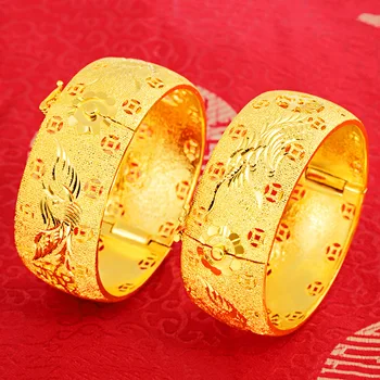 999 Žlté Zlato Dragon Phoenix Dvojité Šťastie Náramok Pre Ženy Mosadz Nevesta Svadobné Šperky, Prívesky Náramok Jemné Šperky