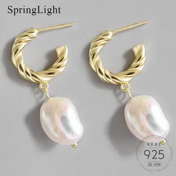 Springlight Nové Zlata, Striebra Twist Arc Perly Dlhé Náušnice Reálne 925 Sterling Silver Jedinečný Dizajn, Jemné Šperky, Náušnice pre Ženy