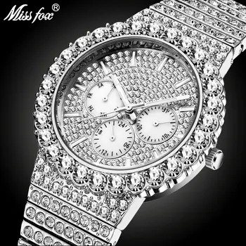 MISSFOX pánske Quartz Hodinky Top Predaj Značky Luxury Diamond Quarz Strieborná Farba Hodinky Módne Nepremokavé Chronograf Hodiny