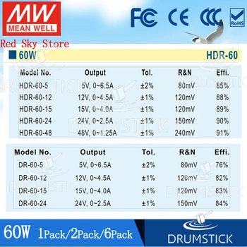 (6PACK) Meanwell 60W Priemyselné DIN lištu Napájacie HDR-60-24V/5/12/15/48 1.25/2.5 A 4/4.5/6.5 tenké 91% vysoká účinnosť DR/MDR