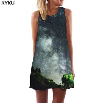 KYKU Značky Galaxy Šaty Ženy Space Party Lesa kórejský Štýl Hmlovina Boho Harajuku Sundress Dámske Oblečenie Bambulka
