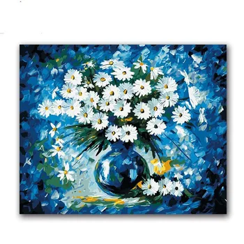Farba čísla modrá sedmokrásky váza aranžovanie diy digitálne olejomaľba sfarbenie na plátne kresliť s obalom