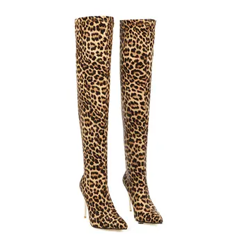 Super Vysoké Podpätky leopard Ponožky, Topánky Ženy Nad Kolená Vysoké Čižmy, Topánky Žena Jeseň Zima Dlho Teplé Topánky Plus Veľkosť 43