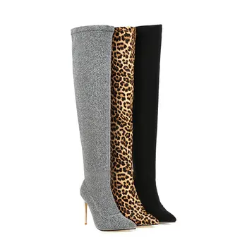 Super Vysoké Podpätky leopard Ponožky, Topánky Ženy Nad Kolená Vysoké Čižmy, Topánky Žena Jeseň Zima Dlho Teplé Topánky Plus Veľkosť 43
