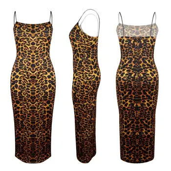 Nový Sexy Leopard Šaty Špagety Popruh Dlho Bez Rukávov Dizajn Bodycon Šaty Odev