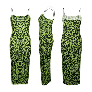 Nový Sexy Leopard Šaty Špagety Popruh Dlho Bez Rukávov Dizajn Bodycon Šaty Odev