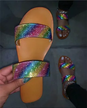 Letné Ženy Sandále Crystal Lesklé Slip-On Vystrihnúť Dámy Ploché Sandále Vonkajšie Dovolenku Listov 9046-2