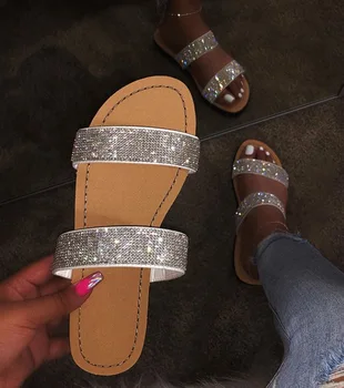 Letné Ženy Sandále Crystal Lesklé Slip-On Vystrihnúť Dámy Ploché Sandále Vonkajšie Dovolenku Listov 9046-2