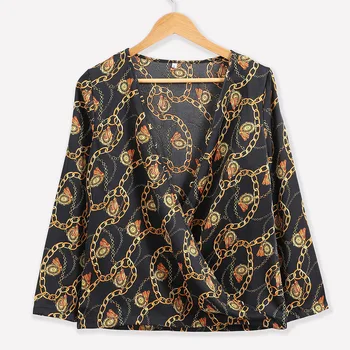 Vintage Zlaté Oceľové Reťaze Tlač, Blúzky, Ženy Móde Voľné Tričko Topy High Street V Krku Elegantné Dámy Kimono Blusas Mujer