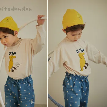 L* Dou* Deti s Dlhým Rukávom Cartoon T Shirt kórejskej Značky Baby Roztomilý Bavlna Top Krásne Batoľa Bežné T-shirts Na Jeseň Základné