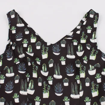 Tonval Plus Veľkosť Vintage Šaty pre Ženy Black bez Rukávov tvaru Kaktus Tlač 50. ROKOV 60. ROKOCH Pin Up Linky Roztomilý Letné Šaty