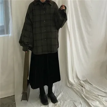 Leiouna Bežné Vintage Dlhý Rukáv Ženy Jeseň Kockovaný Kabát Zase Dole Golier Cardigan Bunda 2020 Módne Femme Vrecku Košele