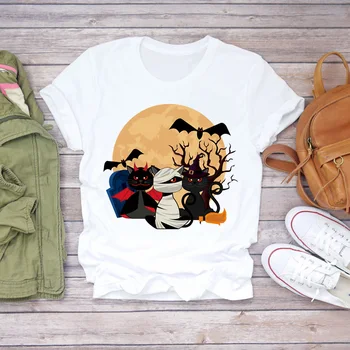 Ženy Kreslených Mačka 90. rokov Kávy Zábavné Módne Halloween Tlač Lady T-shirts Top Dámske Graphic T Shirt Ladies Ženský Čaj T-Shirt