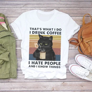 Ženy Kreslených Mačka 90. rokov Kávy Zábavné Módne Halloween Tlač Lady T-shirts Top Dámske Graphic T Shirt Ladies Ženský Čaj T-Shirt