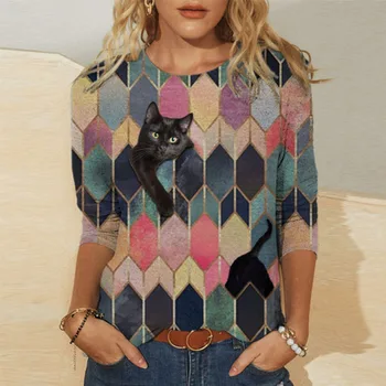 Nové Elegantné Geometrický Vzor Blúzky, Košele Ženy Príležitostné O-Krku Mačka Tlače Plus Veľkosť Topy Vintage Dlhý Rukáv Blusas Streetwear