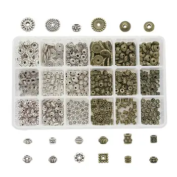 1Box Tibetský Štýl Kovové Korálky Dištančné Zmiešané Tvary Antique Silver/ Zmiešané Farby, Korálky zobrazili kľúčové tlačidlá pre Náramok, Náhrdelník Šperky Robiť