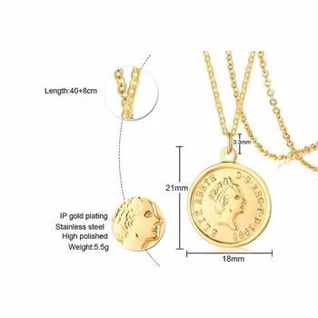 Mince Prívesok Kráľovná Alžbeta Kruhu Náhrdelník z Nehrdzavejúcej Ocele Zlaté Ženy Šperky, Darčeky pre jej