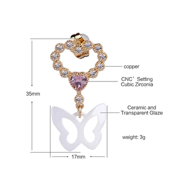 Luxusné Bling Krištáľové Srdce Stud Náušnice 585k ružové Zlato, Ružové Srdce Prívesok Motýľ Keramické Šperky Pre Ženy, Ženská Móda