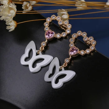 Luxusné Bling Krištáľové Srdce Stud Náušnice 585k ružové Zlato, Ružové Srdce Prívesok Motýľ Keramické Šperky Pre Ženy, Ženská Móda