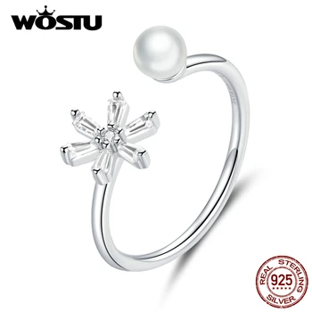 WOSTU Snowflake Otvoriť Krúžok 925 Sterling Silver Žiarivý Zirkón Nastaviteľné Pearl Krúžok Pre Ženy, Prsty Luxusné Šperky CTR142