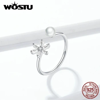 WOSTU Snowflake Otvoriť Krúžok 925 Sterling Silver Žiarivý Zirkón Nastaviteľné Pearl Krúžok Pre Ženy, Prsty Luxusné Šperky CTR142