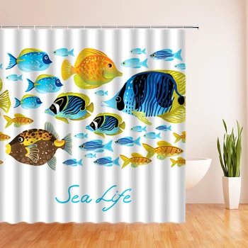 Ocean Farebné Ryby Cartoon Sprchové Závesy Kúpeľňa Opony Nepremokavé Polyesterové Tkaniny Dekor Vaňa Opony 180*180 cm S Háčikmi