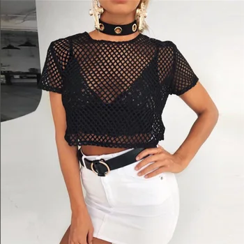 Gotický Sexy Black/White Duté Z Plodín Top 2019 Oka T-Shirt Žena Slim Módne Letné Nočný Klub Topy Pre Ženy Sieťované Tričko