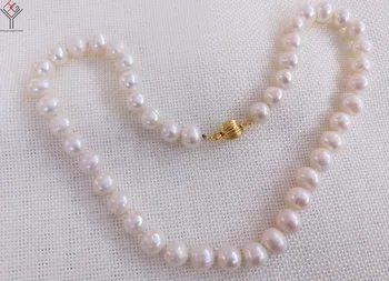 Ženy Šperky 7x8mm prírodné perlový náhrdelník white pearl korálky náhrdelník zlatá farba spona reálne sladkovodných kultivovaných pearl