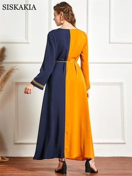 Siskakia Plus Veľkosť Maxi Šaty pre Ženy Jeseň 2020 Elegantný Kontrast, Farby, Etnického Výšivky Dlhý Rukáv Dubaj arabčina Qtar Oblečenie