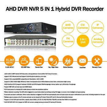 H. 265 5MP AHD DVR, NVR XVR CCTV 4Ch 8Ch 16Ch 1080P 4MP 5MP Hybrid Bezpečnostné DVR Rekordér Fotoaparát Onvif RS485 Coxial Kontroly P2P