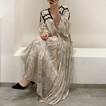 Janpanese Ženy Svietidla Dlhý Rukáv Kórejský Šaty 2020 Jeseň Leto V Krku Bežné A-Line Vysoký Pás Skladaný Dlho Maxi Šaty