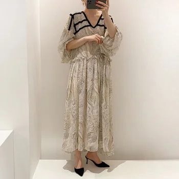 Janpanese Ženy Svietidla Dlhý Rukáv Kórejský Šaty 2020 Jeseň Leto V Krku Bežné A-Line Vysoký Pás Skladaný Dlho Maxi Šaty