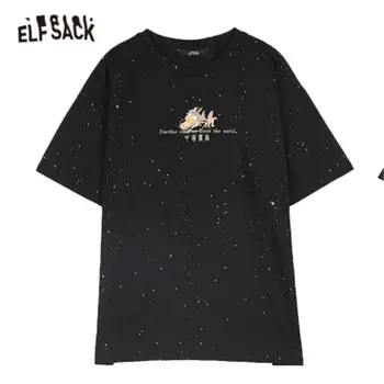 ELFSACK Harajuku Black List Výšivky Kontrast Flitrami Bežné Ženy Nadrozmerná T-Shirts 2020 Lete ELF kórejský Ladeis Denne Čaj