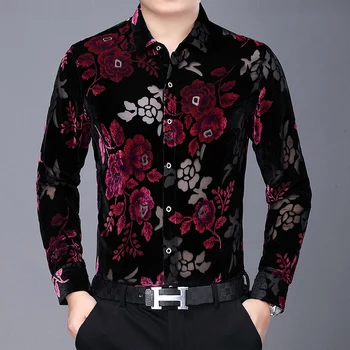Duté priedušná zlato velvet high-end luxusné tričko s dlhým rukávom Jeseň Novú kvalitu kvetinový vzor módne bežné tričko mužov M-3XL