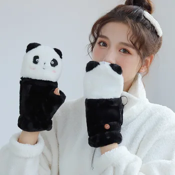 Plyšové Ženy Flip Pol prsta Rukavice Cartoon panda hrubé Teplé roztomilé Dievčatá Bezprstové Rukavice pre Dotykový Displej Palčiaky 2021