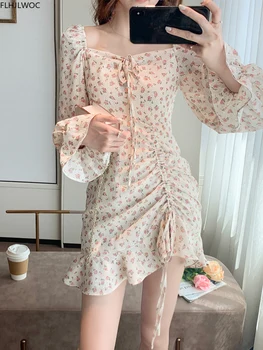 2020 Jeseň Základné Mini Šaty S Dlhým Rukávom Roztomilý Lolita Japonskom Štýle Motýlik Námestie Golier Ženy Krátke Šaty Kvetinový Vintage Vestidos
