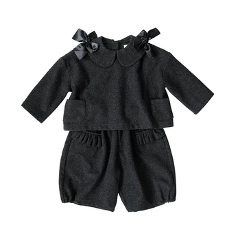 Imakokoni Originálne detské oblečenie black bow vlnená kombinéza imakokoni pribrala západnej dievča dvoch-dielny oblek TZ0269