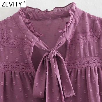 Zevity 2021 Ženy Móda Luk Viazaná Volánikmi Šifón Kimono Tričko Office Lady Čipky Patchwork Bežné Blúzka Roupas Elegantné Topy LS7603